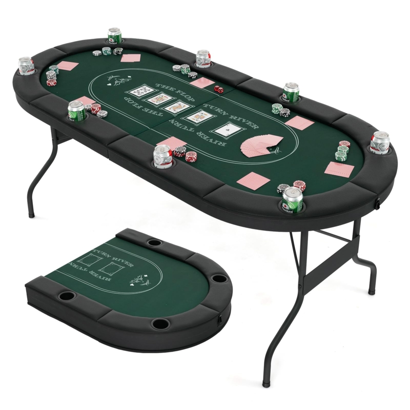 Folding Poker Table with Metal Legs and Eight Player Capacity