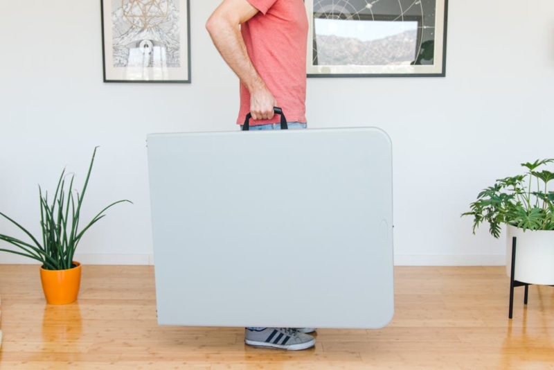Folding Utility Table: Light Grey Fold-In-Half Minimalist Desk (63 chars)