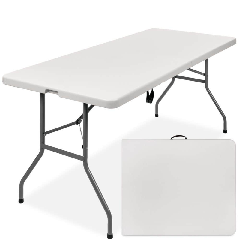 Folding Utility Table: White 6 Foot Center Fold Gunmetal Legs (63 chars)