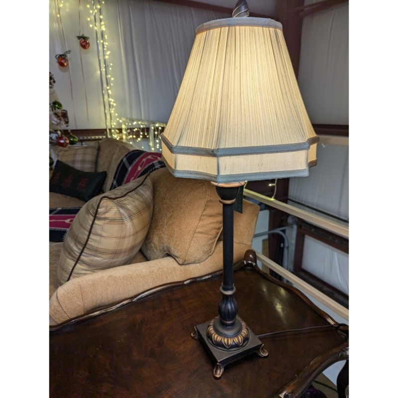 Footed Candlestick Table Lamp with Pleated Scalloped Shade Detail