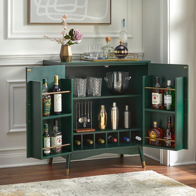Forest Green Bar Cabinet with Brass Accents & Door Storage