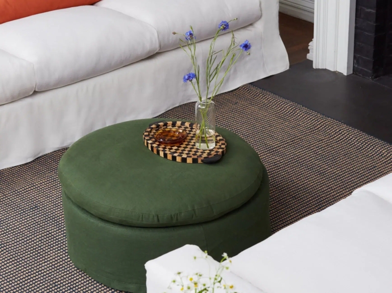 Forest Green Round Ottoman with Upholstered Slipcover Detail
