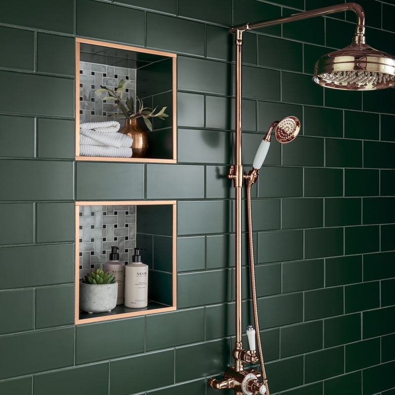 Forest Green Subway Tile Shower with Rose Gold Metallic Niche Trim