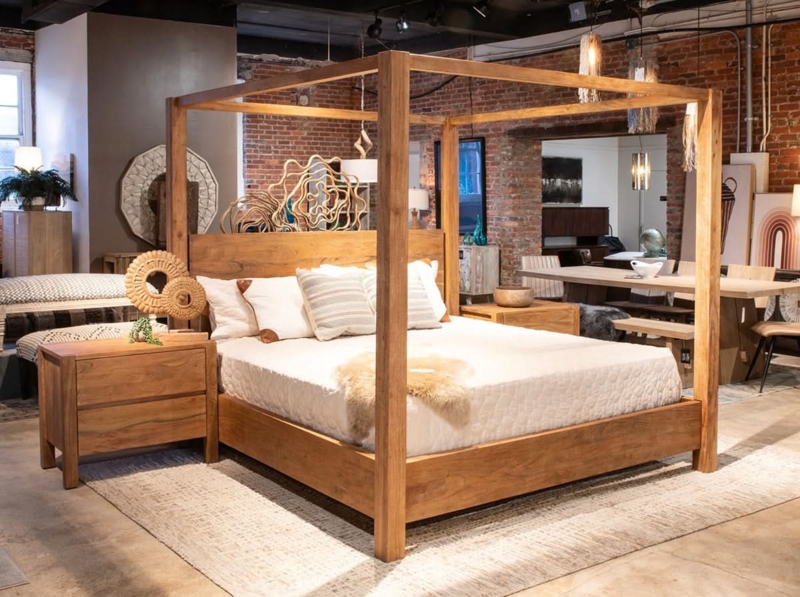 Four-Poster Canopy Bed Brushed Acacia Finish Industrial Loft Style
