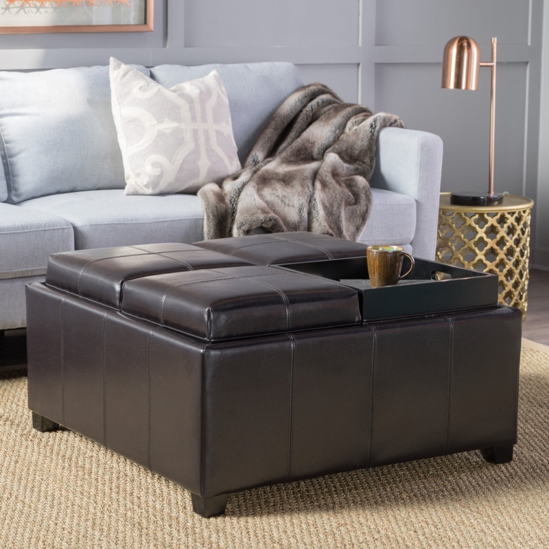 Four-Tray Storage Ottoman Coffee Table in Espresso Leather-like Finish