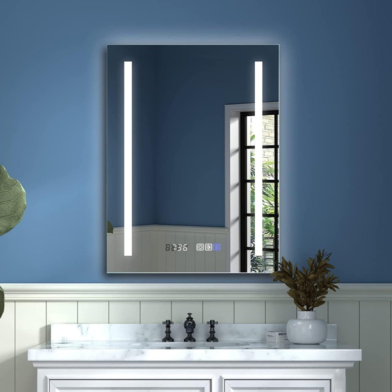 Frameless Vanity Mirror with Integrated Digital Clock and LED Strips