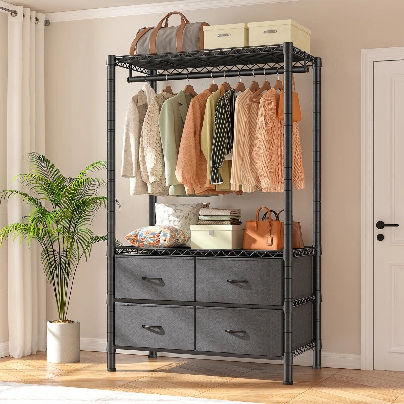 Freestanding Closet Organizer with Four Drawers & Wire Shelves