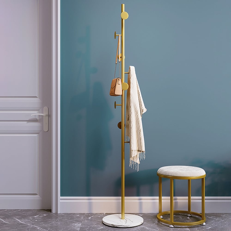 Freestanding Coat Rack with Marble Base & Round Disc Hooks