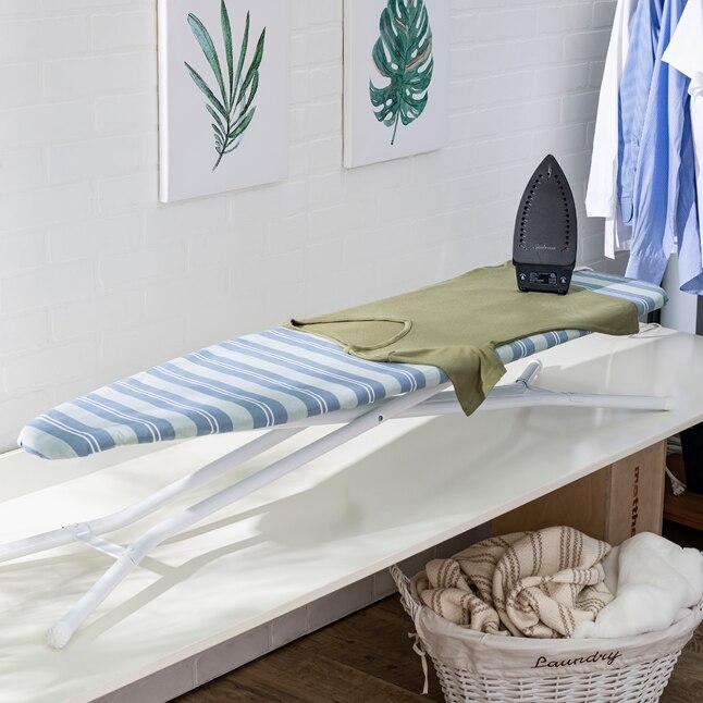 Freestanding Ironing Board with Blue and White Striped Cover and T-Legs
