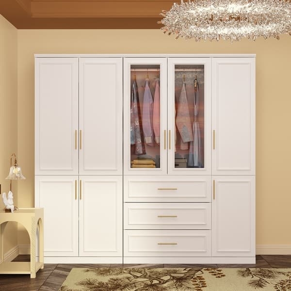 Freestanding Modular Wardrobe with Glass Front Doors and Slim Gold Handles.