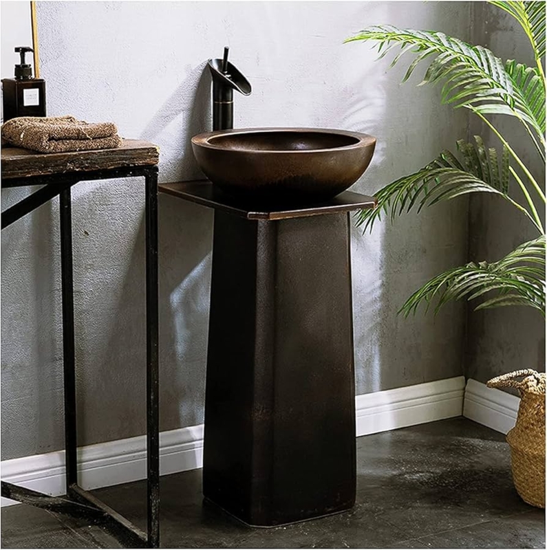 Freestanding Pedestal Sink Dark Bronze Waterfall Faucet Tapered Industrial