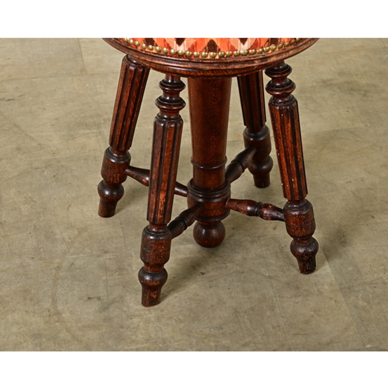 French 19th Century Piano Stool Oak Fluted Legs Patterned Seat Brass Trim