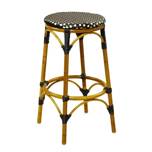 French Bistro Bar Stool with Bamboo Look Aluminum and Checkerboard Weave
