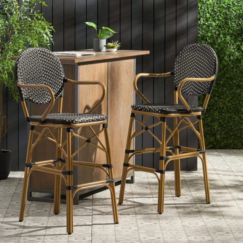 French Bistro Bar Stools, Black and White Wicker, Bamboo Print Metal
