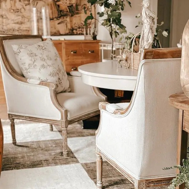 French Country Accent Chair with Distressed Wood and Lumbar Cushion