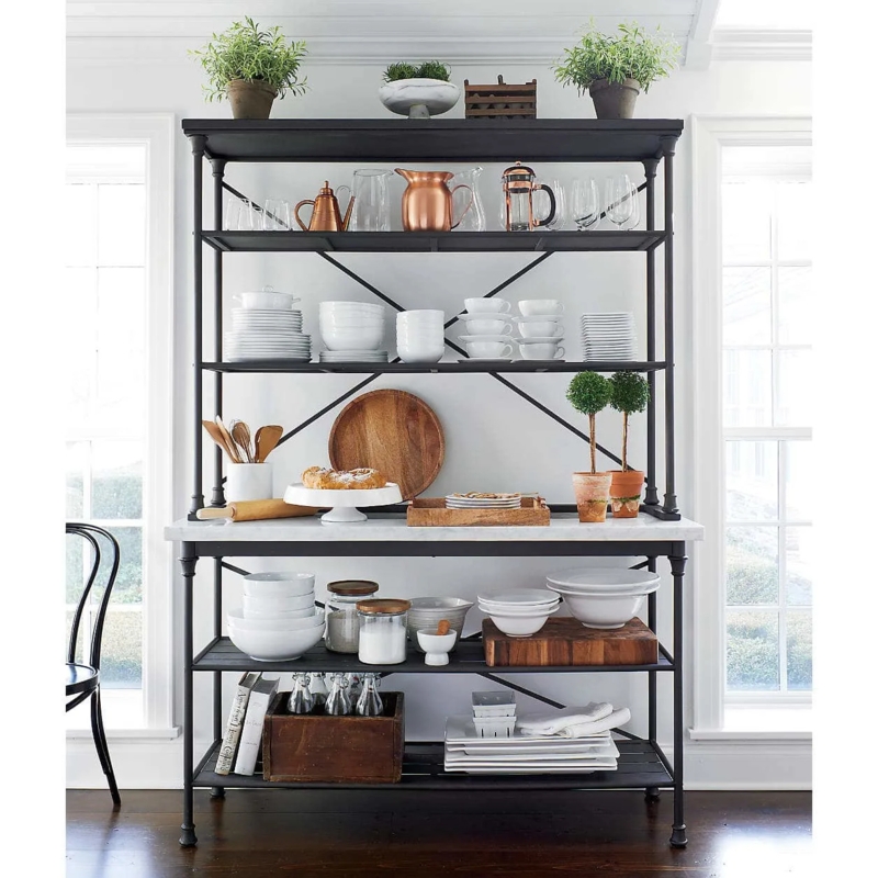 French Country Bakers Rack with Stone Countertop and Copper Accents