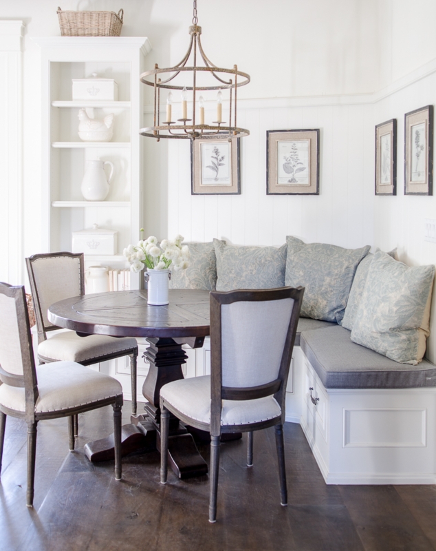French Country Built-in Banquette Set with Shiplap Backdrop