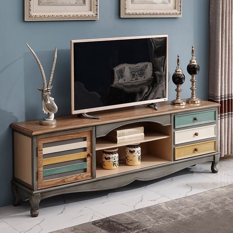 French Country TV Cabinet: Multi-Colored Slats, Cabriole Legs.
