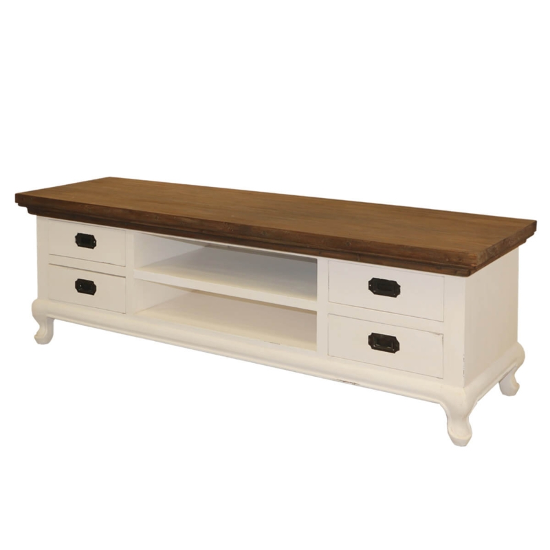 French Country TV Stand: Two-Tone Finish, Cabriole Legs, Bin Pulls.