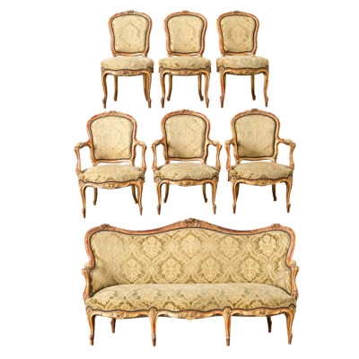 French Louis XV Salon Set with Carved Wood and Gold Damask