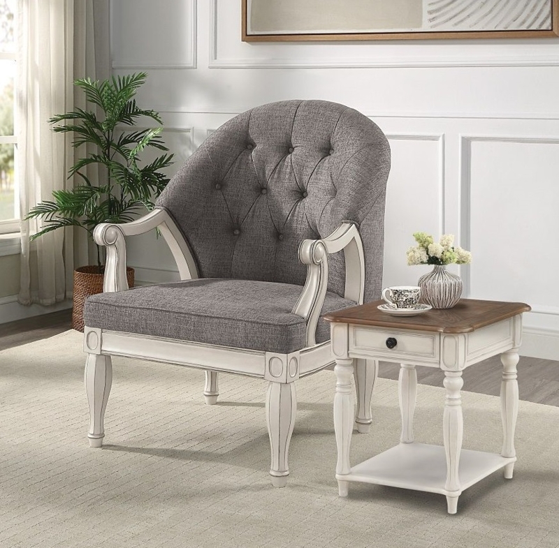 French Provincial Accent Chair in Antique White with Gray Tufting