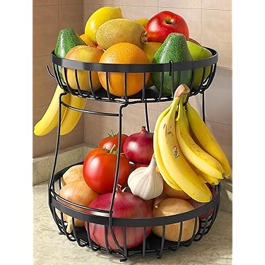 Fruit Basket Banana Hanger Two Tier Matte Black Wire Circular Base