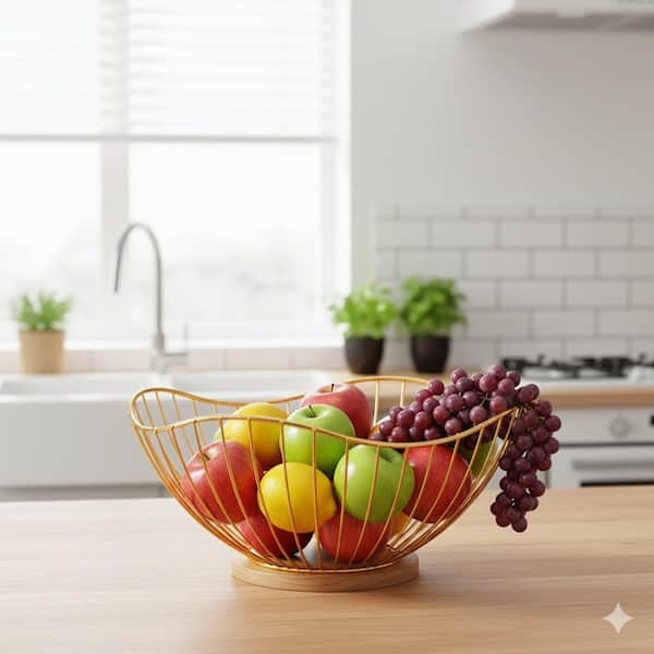 Fruit Basket Gold Wire Wood Base Boat Shape Wire Mesh Polished Finish