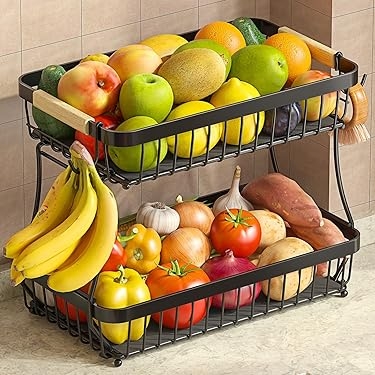 Fruit Basket Matte Black Metal Two Tier Integrated Handles Banana Hanger