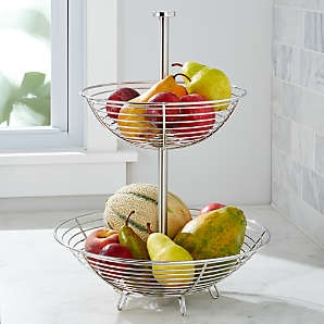 Fruit Basket Polished Stainless Steel Two Tier Central Pillar Wire Storage