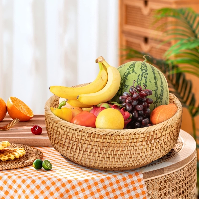 Fruit Basket Rattan Cane Braided Rim Woven Kitchen Basket Rustic Chic