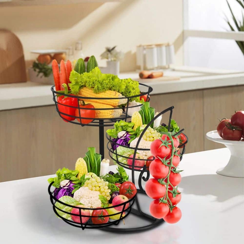 Fruit Basket Three Tier Matte Black Wire Scroll Detail Banana Hanger