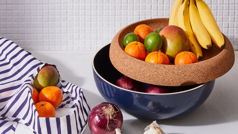Fruit Bowl Cork Lid Tray Navy And Cork Contrast Stackable Ceramic Base