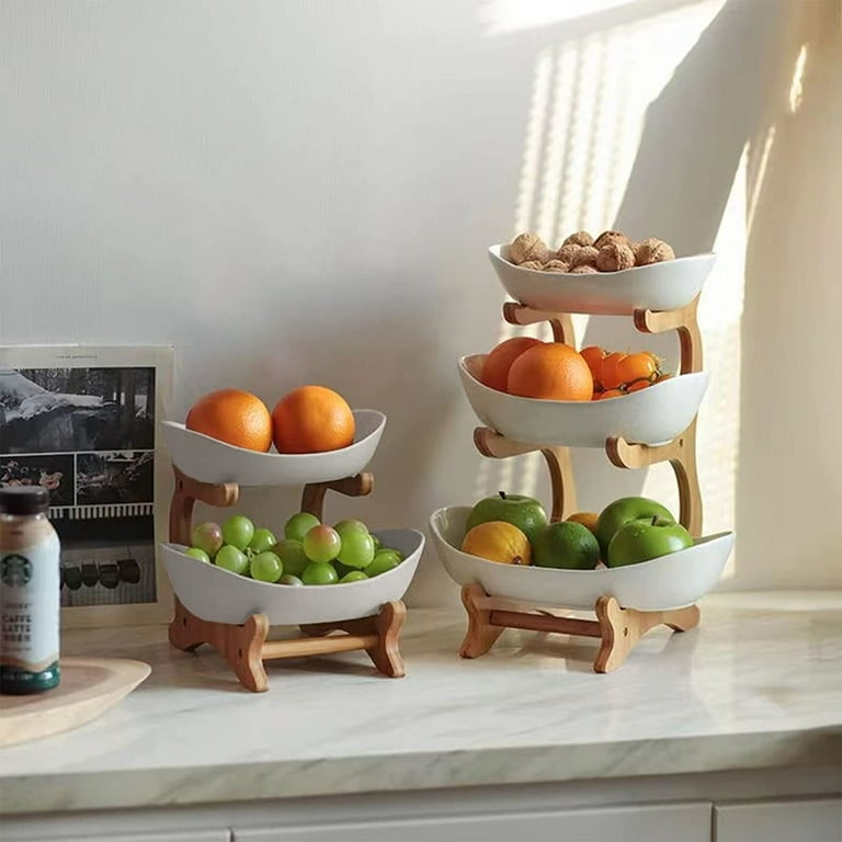 Fruit Bowl Stand Tiered Staggered Design Wood Ceramic Boat Shaped Bowls