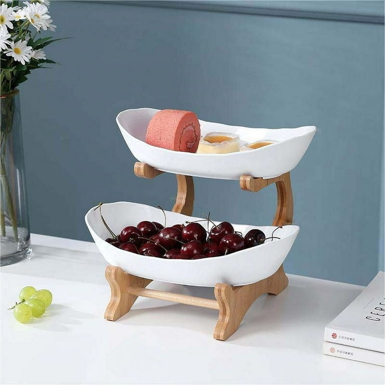 Fruit Bowl Stand Two Tier Boat Shaped Bowls Trestle Base Bamboo Like