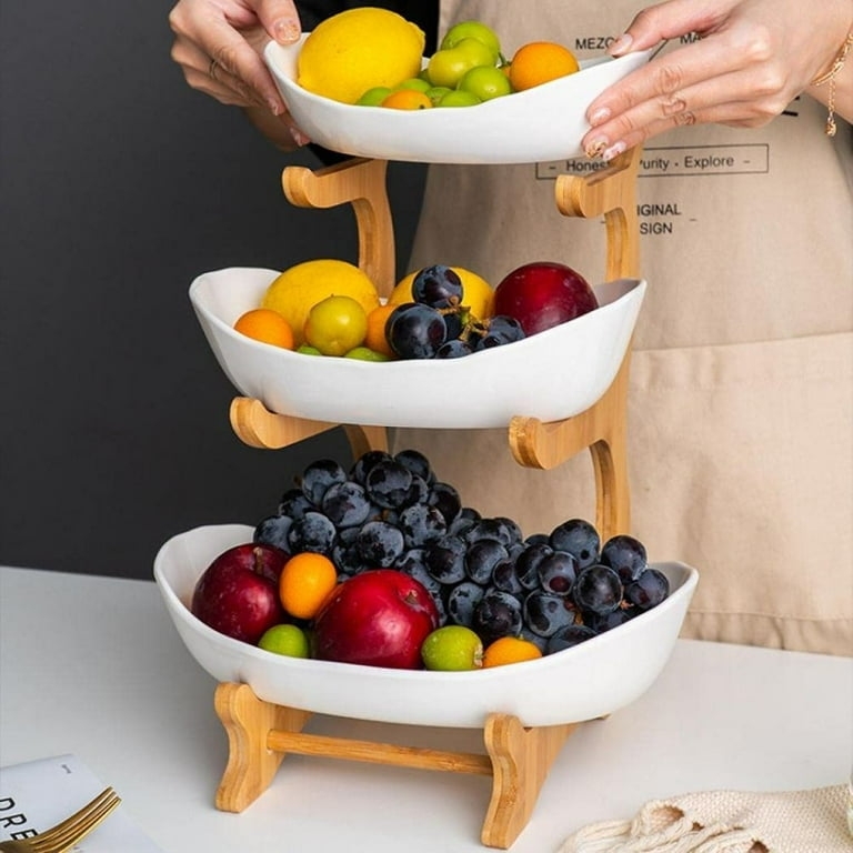 Fruit Bowl Three Tier Wavy Rims Curved Wood Stand Organic Ceramic Like