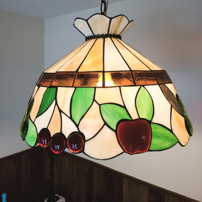 Fruit Motif Pendant Light with Scalloped Crown and Leaded Glass