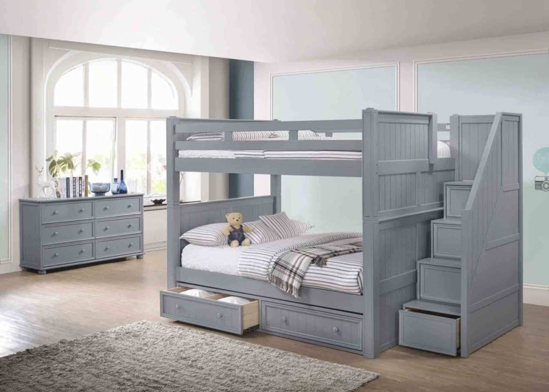 Full Over Full Bunk Bed Cool Gray Staircase Storage