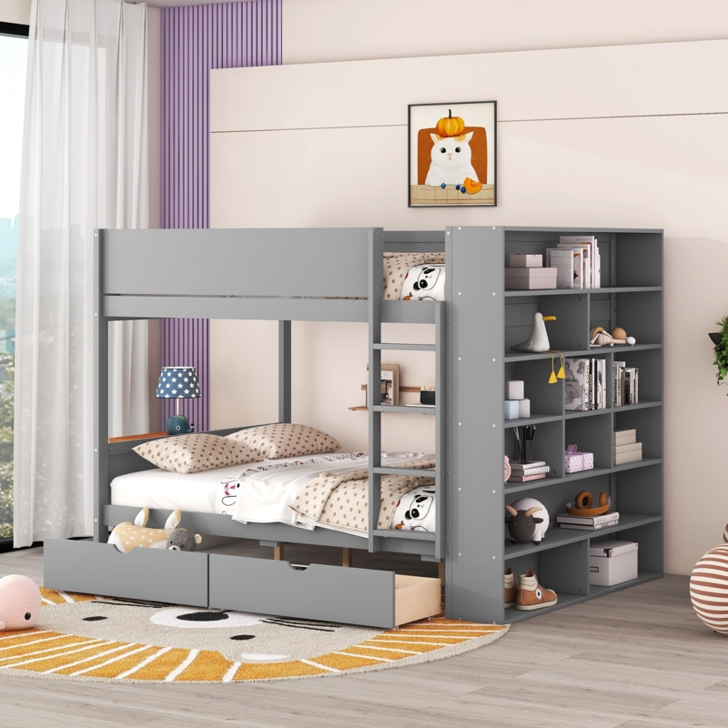 Full Over Full Bunk Bed Matte Grey with Underbed Drawers