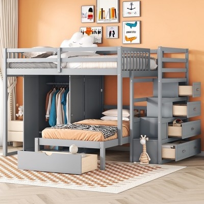 Full Over Twin Bunk Bed in Slate Gray with Wardrobe and Staircase