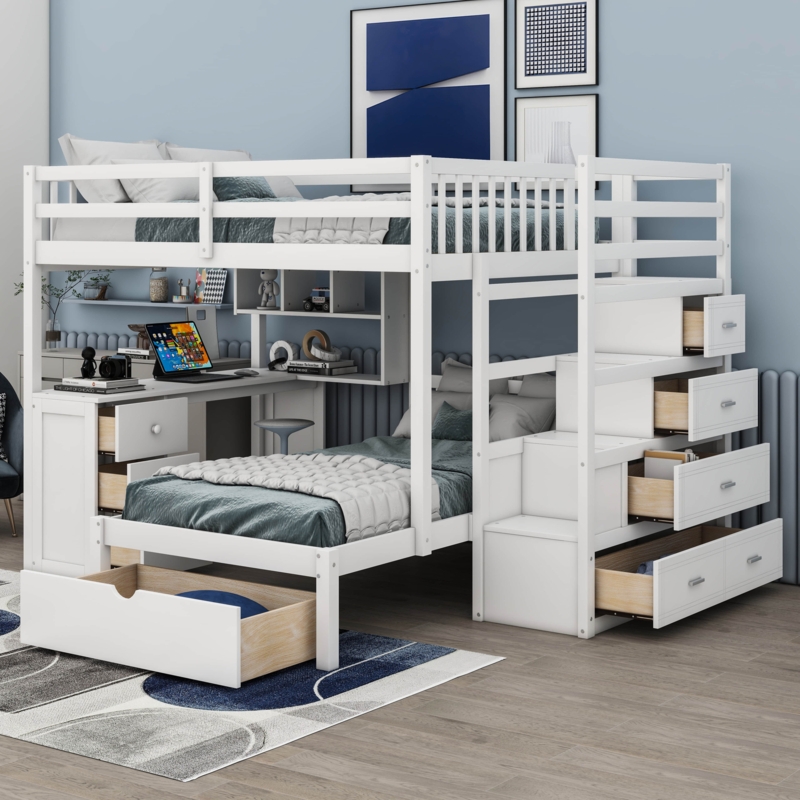Full Over Twin L-Shaped Bunk Bed with Desk, Stairs, and Underbed Drawer