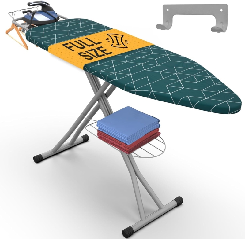 Full Size Ironing Board with Teal Geometric Cover and Wall Mount Hanger