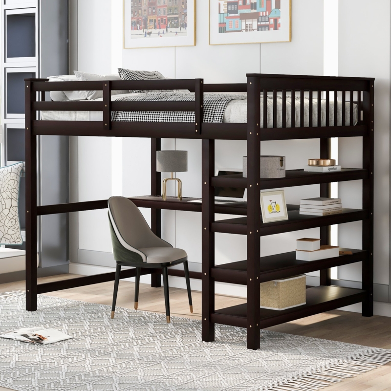 Full Size Loft Bed: Espresso Brown, Integrated Desk, Safety Guardrails.