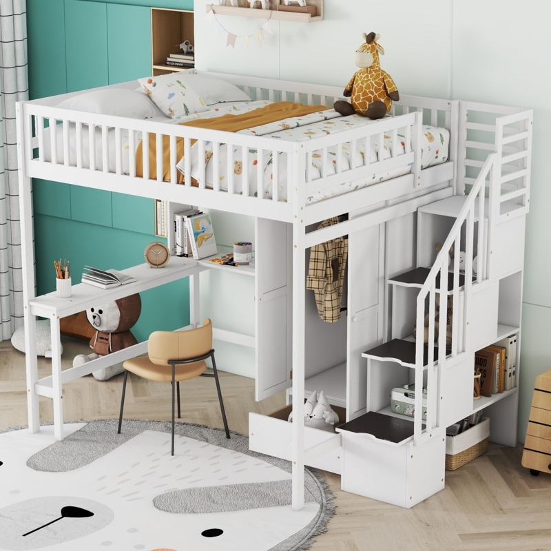 Full Size Loft Bed with Built-In Wardrobe, Desk, and Stairs, White