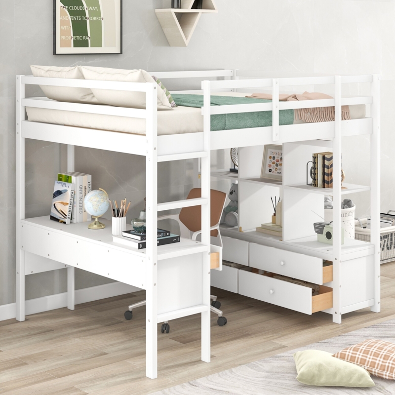 Full Size Loft Bed with Desk, Integrated Shelves, and Drawers
