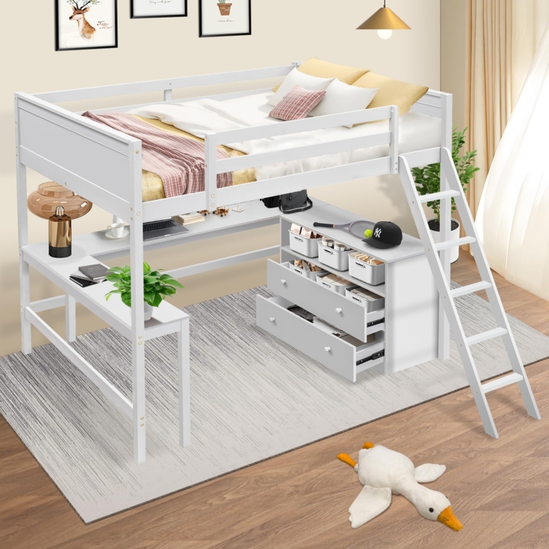 Full Size White Loft Bed with L-Shaped Desk and Built-In Dresser