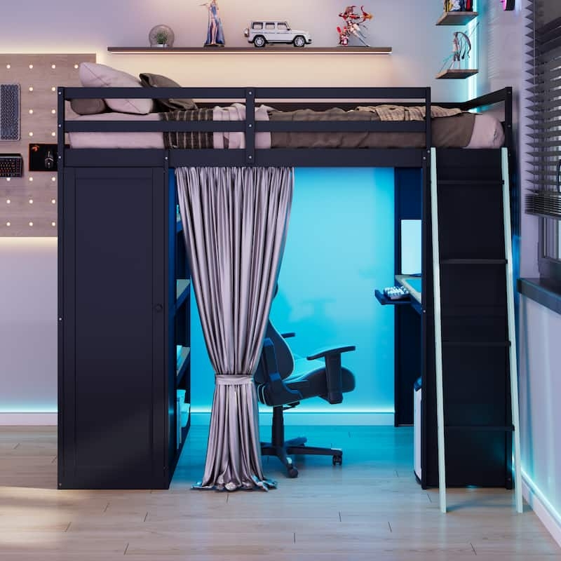 Full Size Wood High Loft Bed, All-in-One Loft Bed Frame with Wardrobe, Shelves, Desk, Charging Station, Curtains and RGB Lights - Black+Red