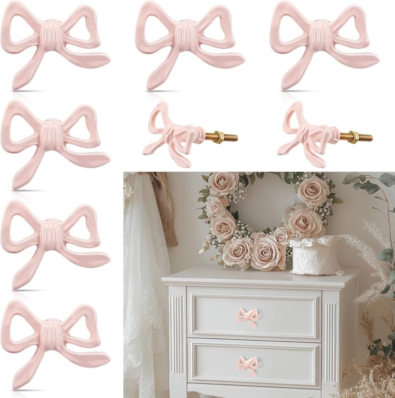 Furniture Knob: Pastel Pink Bow Shape Ribbon Detail Coquette Aesthetic