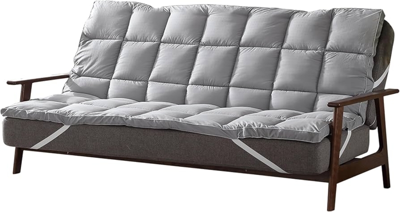 Futon Mattress Topper Grey Plush Pad Grid Quilting Mid-Century