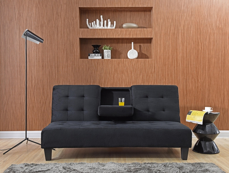 Futon Sofa Bed Black Tufted Fold Down Tray Cup Holder