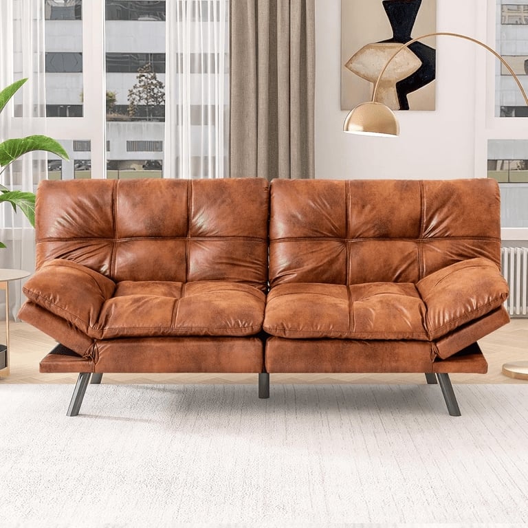 Futon Sofa Bed, Cognac Faux Leather Futon, Adjustable Arms